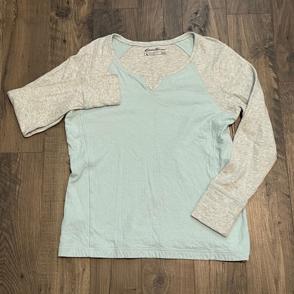 Eddie Bauer Outdoor Womens XL Mint Green Gray Raglan Long Sleeve Cotton Top
